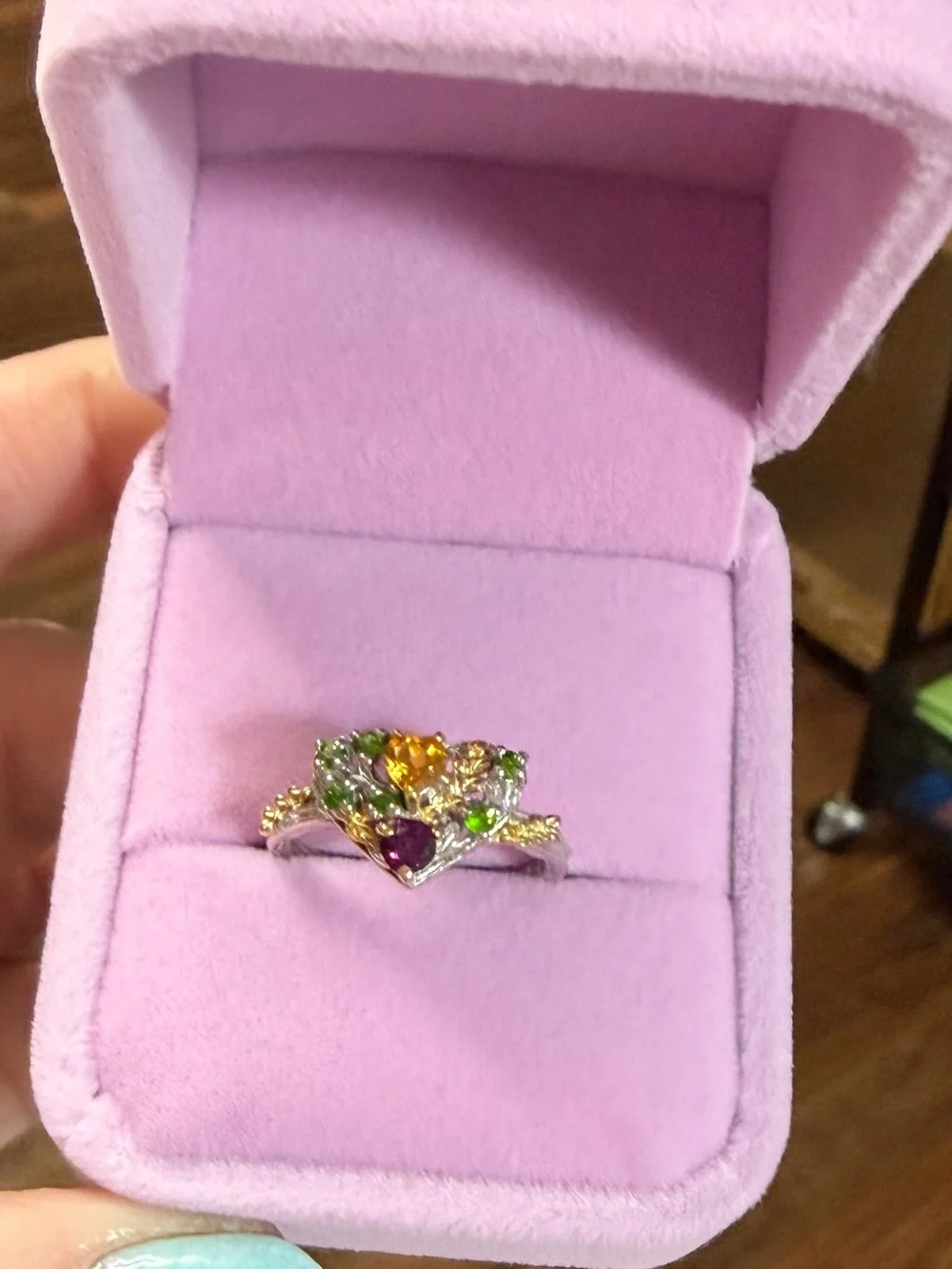 Natural Citrine Chrome Diopside & Garnet Heart Floral Twisted band Ring Sz 6.75